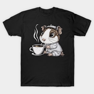 printed design of a guinea pig sipping a cup of coffee, cute cartoon style T-Shirt